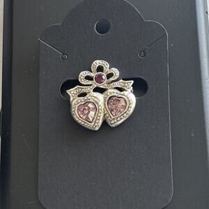 Double Heart Pin Brooch Purple Stone Silver Tone Small Bow Sparkle February